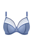 Blue bra with white lace details on a white background