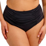 Black high-waisted bikini bottom on a white background