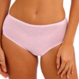 Pink bikini bottom worn by a person on a white background