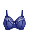 Blue bra with floral lace details on a white background