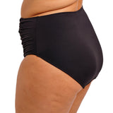 Black high-waisted bikini bottom on a white background