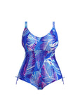 Blue and purple leaf-patterned swimsuit on a white background