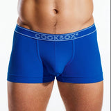 Blue boxer briefs with 'COCKSOX' branding on a white background