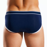 Navy blue men's underwear with white trim on a white background