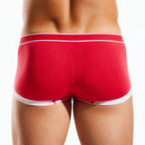 Red boxer briefs with white trim on a white background