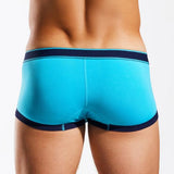 Turquoise boxer briefs with navy waistband on a white background