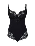 Black lace bodysuit on a white background