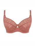 Pink lace bra on a white background