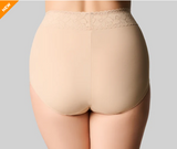 Beige shapewear with lace waistband on a gray background