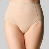Beige high-waisted underwear with lace trim on a gray background